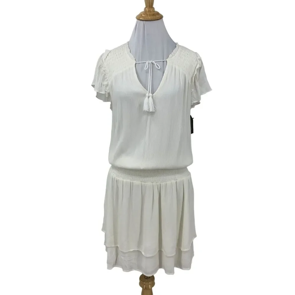 Tart Collections Smocked Waist Dress Womens M Medium White Tassel V Neck Lined